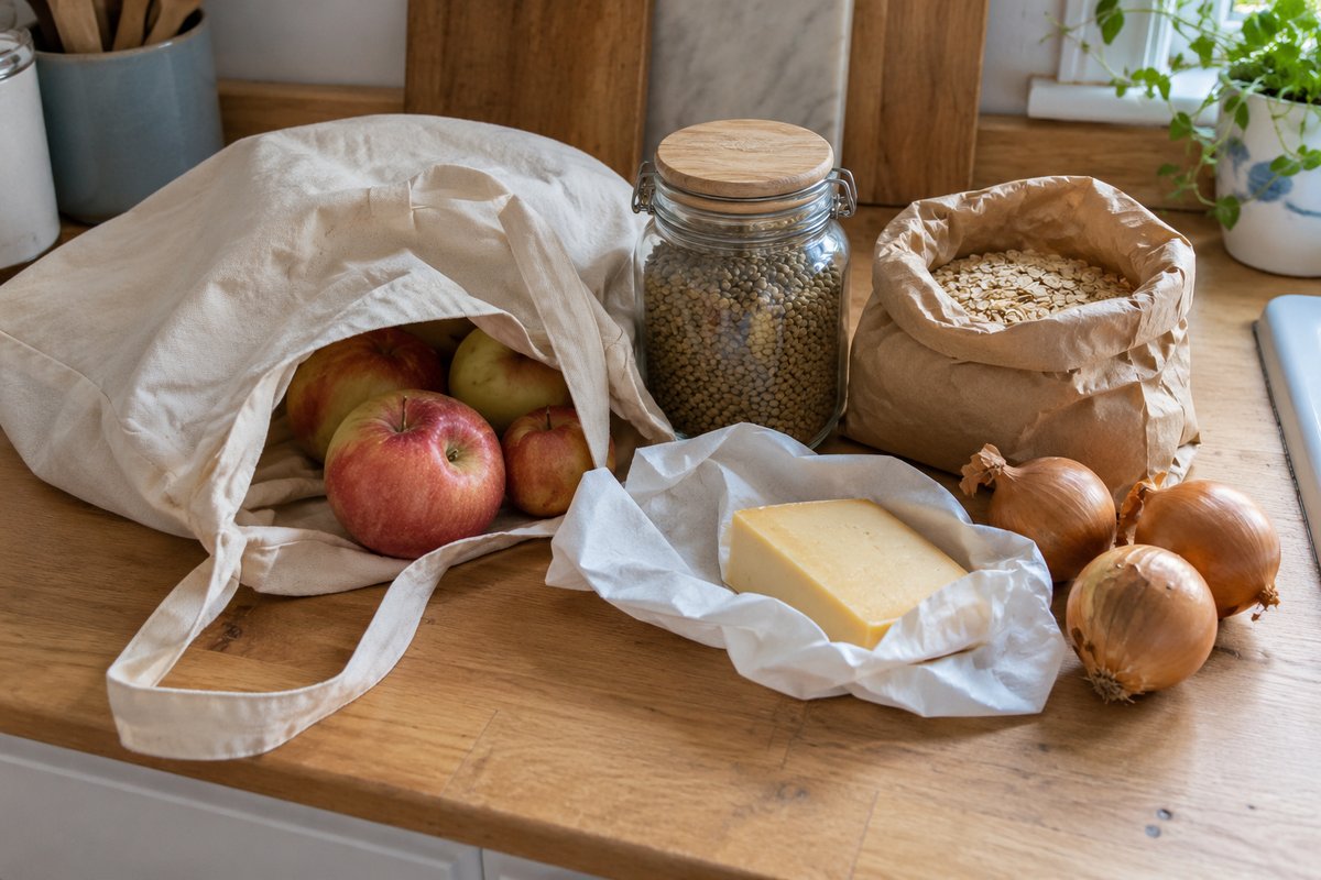 Sac d’épicerie réutilisable déballé sur un comptoir : pommes, oignons, fromage, lentilles et flocons d’avoine.