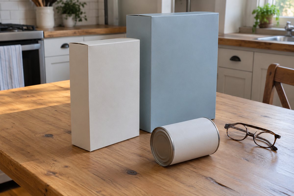 Deux boîtes de carton sans inscription et une conserve sur une table en bois, avec des lunettes.