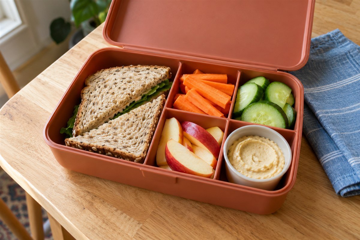 Boîte à lunch ouverte avec un sandwich, des crudités, des quartiers de pomme et une trempette.